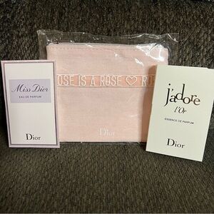 New Dior Pink Rose Is A Rose Canvas Pouch with J’adore and Miss Dior Samples